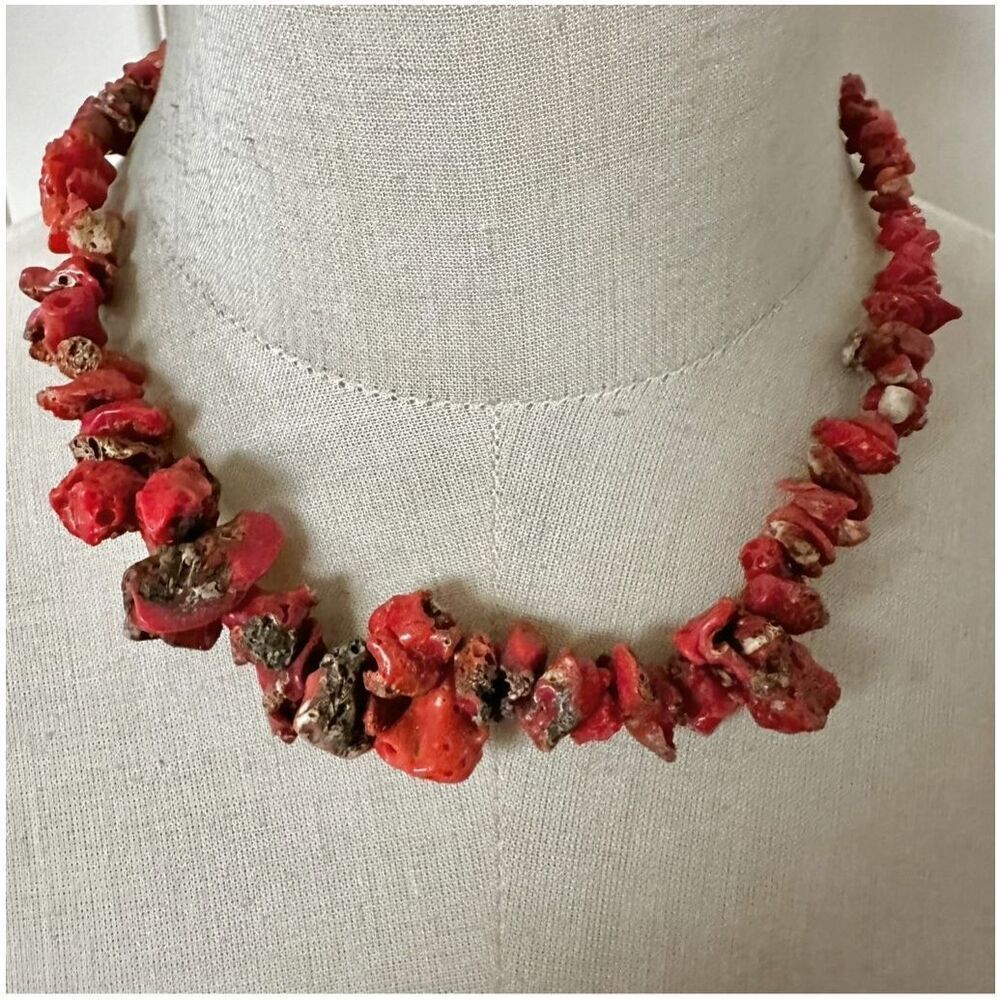 Italian Red Coral Nugget Necklace with Sterling Clasp